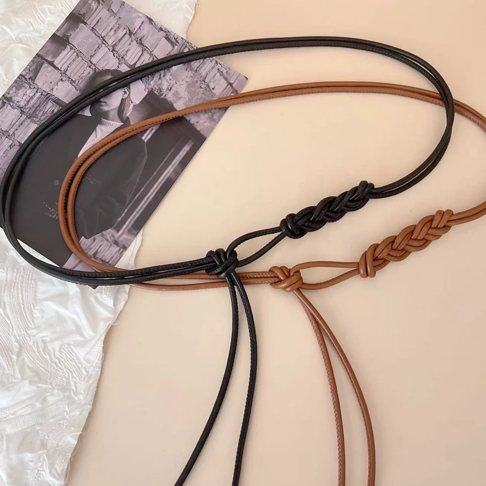 Fashion PU Leather Thin Belt Women's Knotted Waist Belt Dress Coat Shirt Decor Rope Waistband Simple Versatile Waist Rope Belt