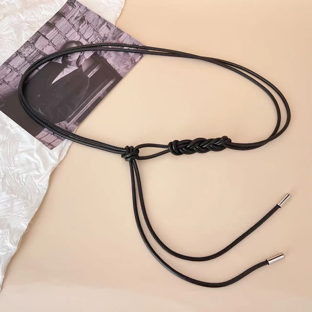 Fashion PU Leather Thin Belt Women's Knotted Waist Belt Dress Coat Shirt Decor Rope Waistband Simple Versatile Waist Rope Belt