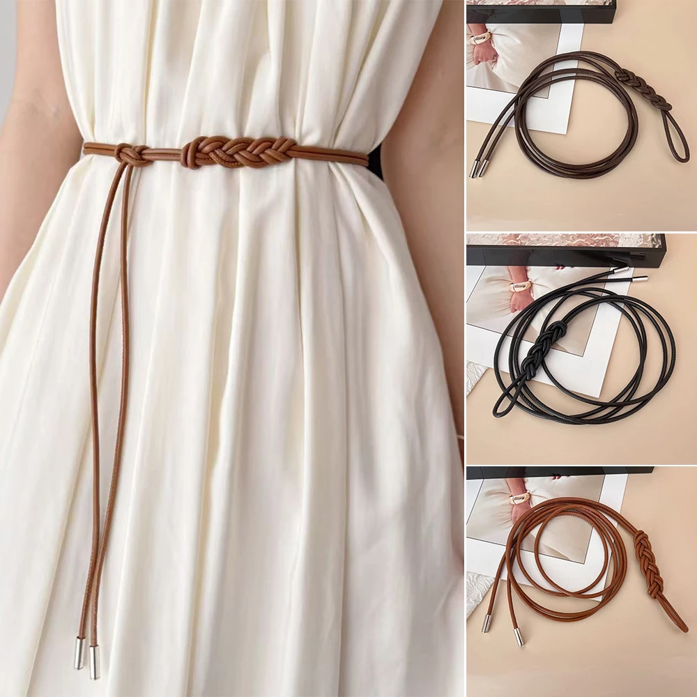 Fashion PU Leather Thin Belt Women's Knotted Waist Belt Dress Coat Shirt Decor Rope Waistband Simple Versatile Waist Rope Belt