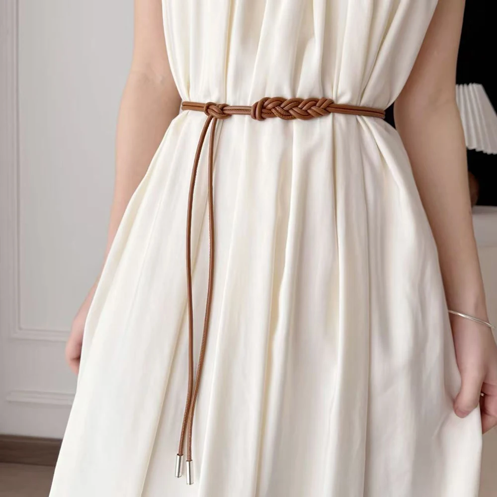 Fashion PU Leather Thin Belt Women's Knotted Waist Belt Dress Coat Shirt Decor Rope Waistband Simple Versatile Waist Rope Belt
