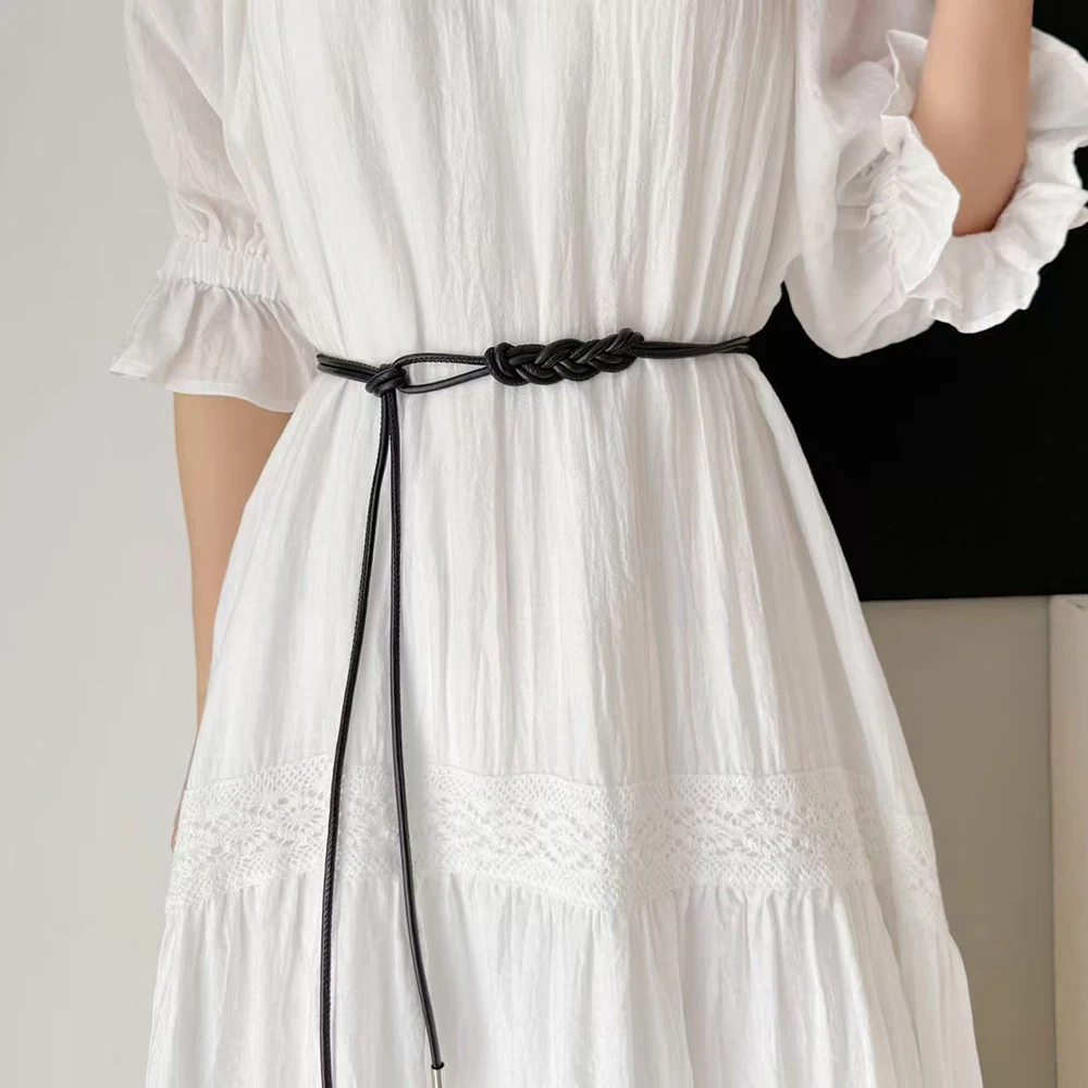 Fashion PU Leather Thin Belt Women's Knotted Waist Belt Dress Coat Shirt Decor Rope Waistband Simple Versatile Waist Rope Belt