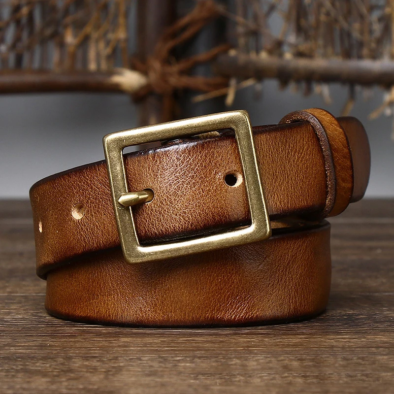 2.8cm Width Retro Women Jeans Belt Genuine Leather Belt Women Ceinture Vintage Brass Belt Buckle Leather Belt For Women Waist