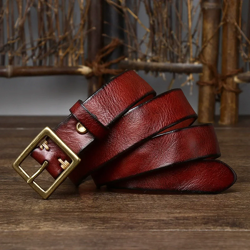 2.8cm Width Retro Women Jeans Belt Genuine Leather Belt Women Ceinture Vintage Brass Belt Buckle Leather Belt For Women Waist