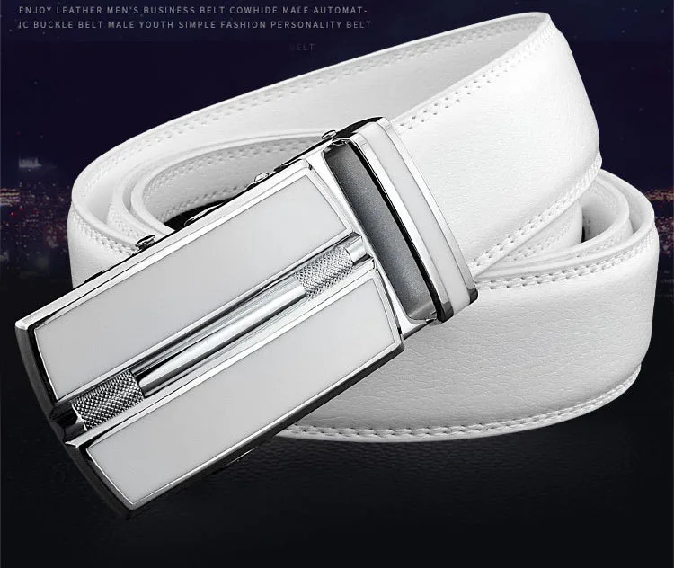Elegant White Color Men Women Unisex Genuine Leather Belt Automatic Buckle Waist Straps for Jeans Famous Brand Luxury Designer