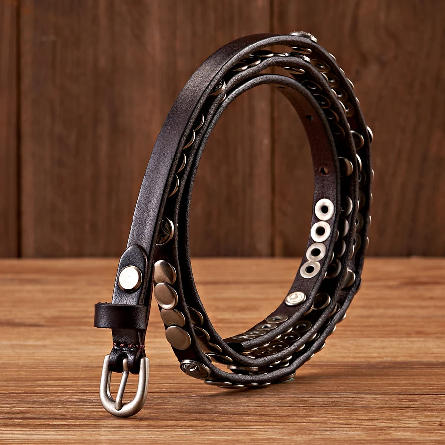 1CM Luxury Brand Female Belt Skirt Dress Rivet Belt Real Genuine Leather Punck Decoration Thin Strap Women Belts For Jeans