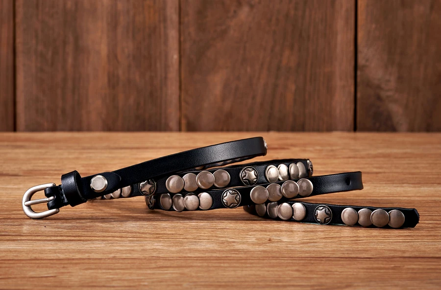 1CM Luxury Brand Female Belt Skirt Dress Rivet Belt Real Genuine Leather Punck Decoration Thin Strap Women Belts For Jeans