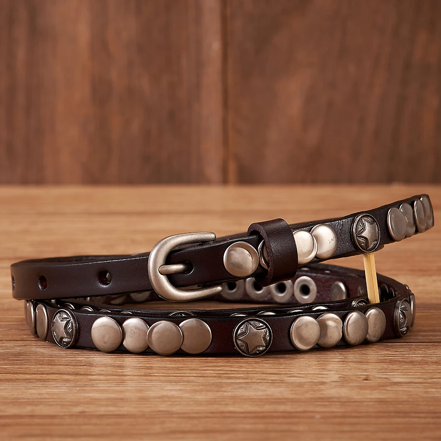 1CM Luxury Brand Female Belt Skirt Dress Rivet Belt Real Genuine Leather Punck Decoration Thin Strap Women Belts For Jeans