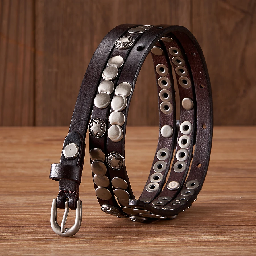 1CM Luxury Brand Female Belt Skirt Dress Rivet Belt Real Genuine Leather Punck Decoration Thin Strap Women Belts For Jeans