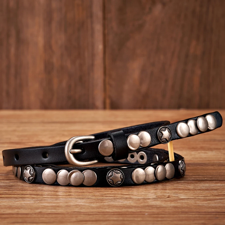 1CM Luxury Brand Female Belt Skirt Dress Rivet Belt Real Genuine Leather Punck Decoration Thin Strap Women Belts For Jeans
