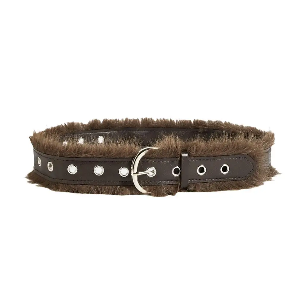 Vintage Faux Fur Waist Belt For Women Y2K Belt Retro All-Match Plush Waist Chain Autumn And Winter PU Leather Imitation Fur Belt