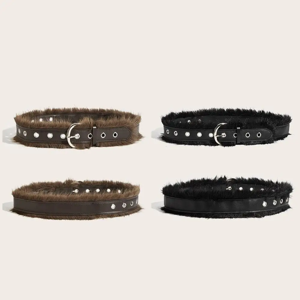 Vintage Faux Fur Waist Belt For Women Y2K Belt Retro All-Match Plush Waist Chain Autumn And Winter PU Leather Imitation Fur Belt