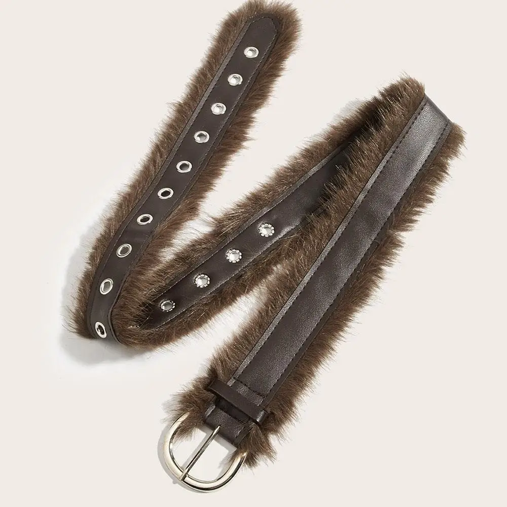 Vintage Faux Fur Waist Belt For Women Y2K Belt Retro All-Match Plush Waist Chain Autumn And Winter PU Leather Imitation Fur Belt