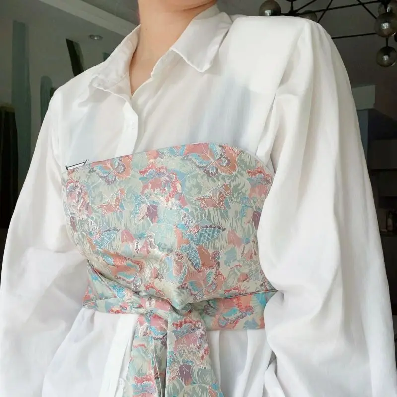 Japanese Style Lace-Up Brocade Corset Belt Jacquard Bustier Wrap for Kimono Shirt Layering Waist Cinching & Women's Accessories
