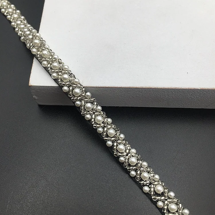 JLZXSY 1cmW Handmade Pearl Beaded Lace Trim Mesh Fabric Clothes Decoration Wedding Dress Collar Sleeve Sew on Applique Crafts