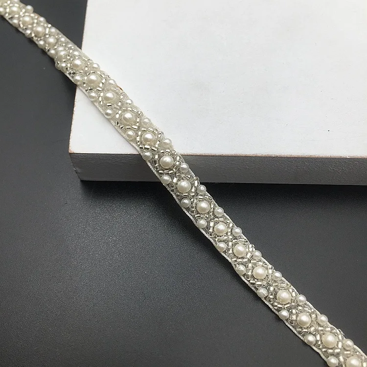 JLZXSY 1cmW Handmade Pearl Beaded Lace Trim Mesh Fabric Clothes Decoration Wedding Dress Collar Sleeve Sew on Applique Crafts