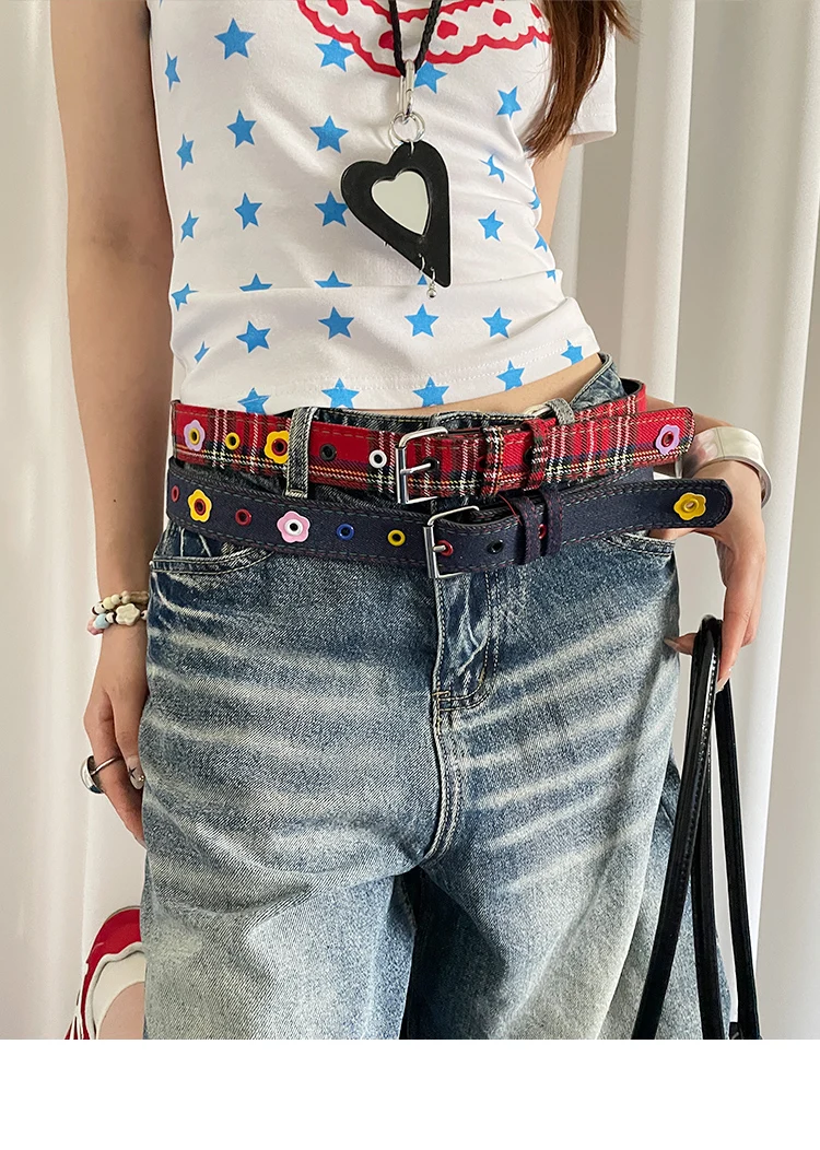 Y2k Dopamine Floral Red Plaid Waist Belt For Women Summer 2025 New Sweet Cool Hot Girl Denim Blue Belt
