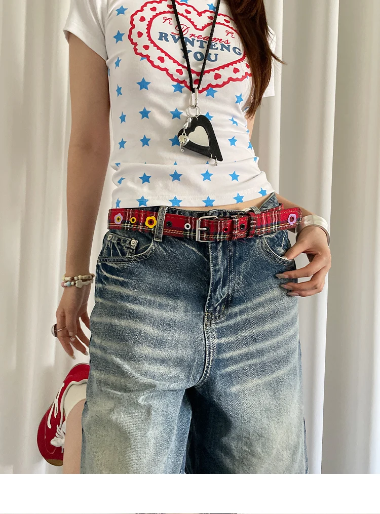 Y2k Dopamine Floral Red Plaid Waist Belt For Women Summer 2025 New Sweet Cool Hot Girl Denim Blue Belt