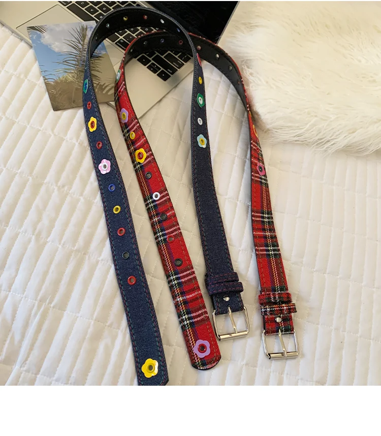 Y2k Dopamine Floral Red Plaid Waist Belt For Women Summer 2025 New Sweet Cool Hot Girl Denim Blue Belt