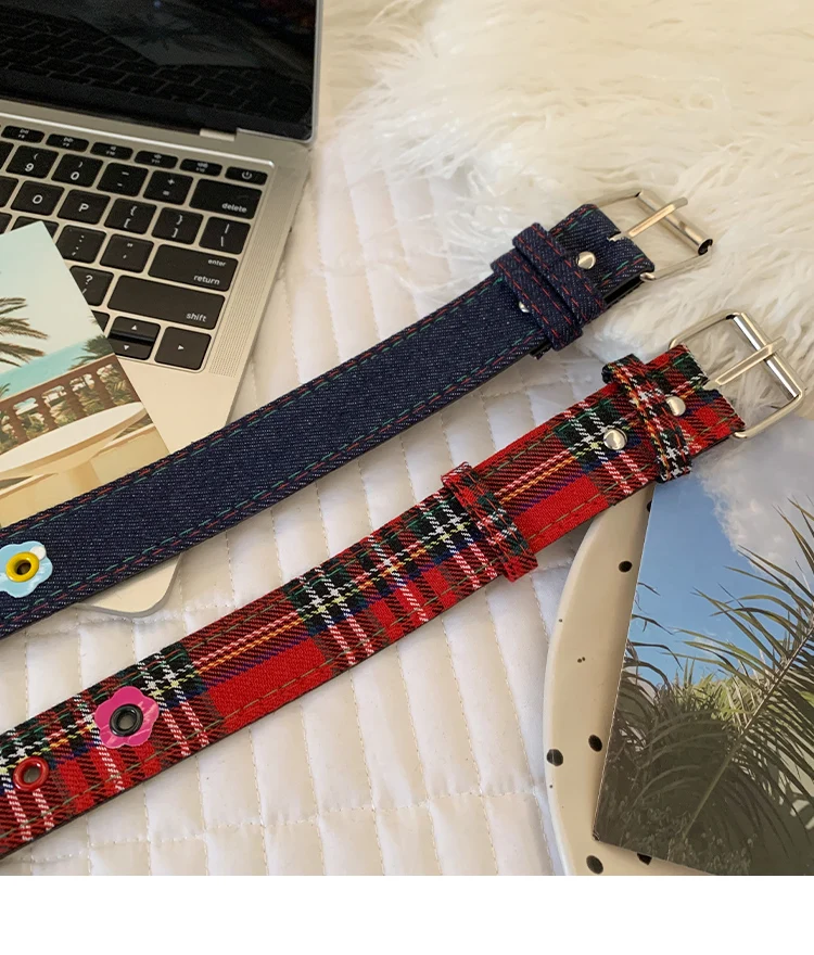 Y2k Dopamine Floral Red Plaid Waist Belt For Women Summer 2025 New Sweet Cool Hot Girl Denim Blue Belt