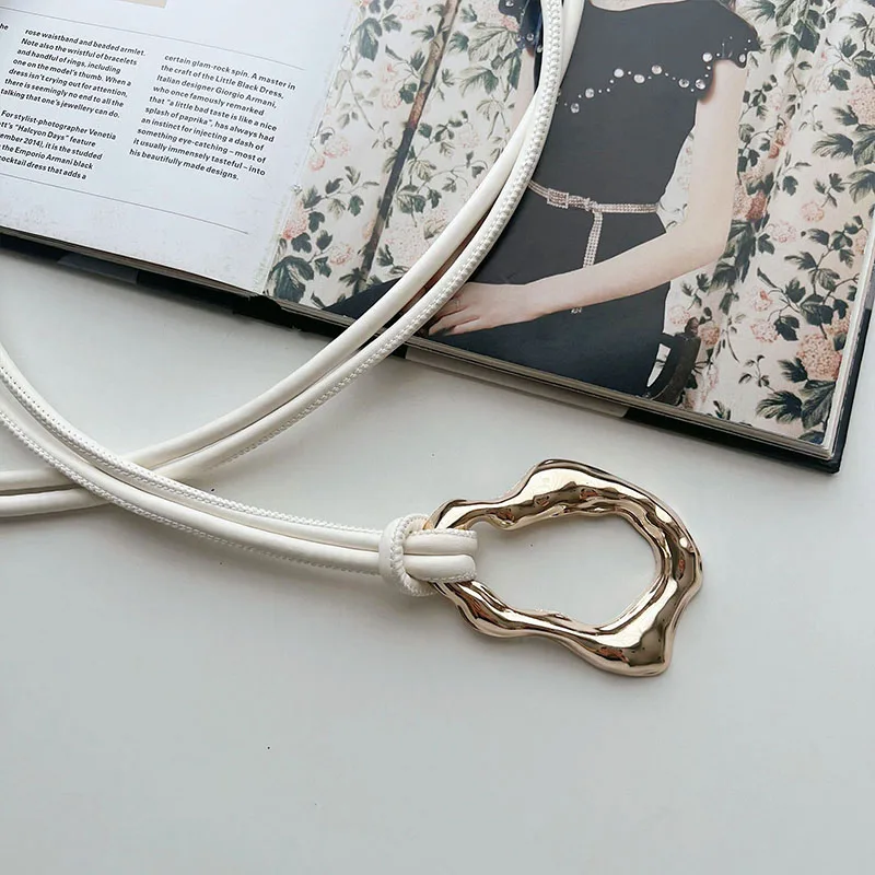 Leather Rope Knotted Thin Belt for Women Metal Buckle PU Skinny Waistbands Female Lady Dress Coat Decorative Straps Girdle