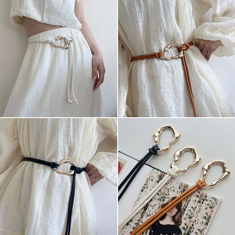 Leather Rope Knotted Thin Belt for Women Metal Buckle PU Skinny Waistbands Female Lady Dress Coat Decorative Straps Girdle