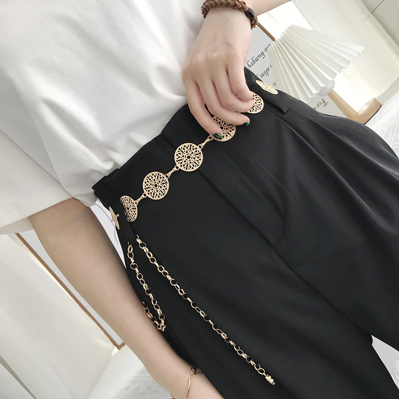 Elegant Round Metal Belt For Women Retro Gold Silver Carved Hollow Out Chain Long Belts Fashion Dress Decorative Lady Waistband