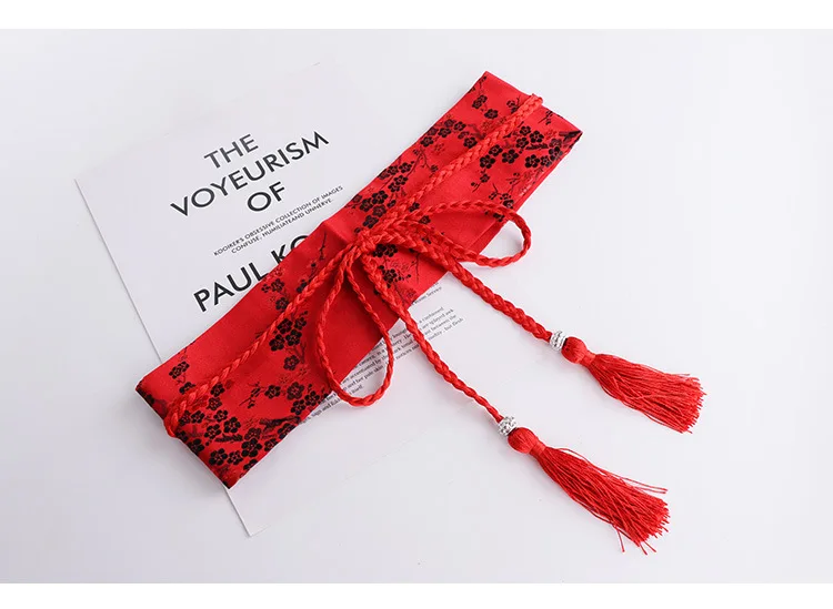Vintage Floral Embroidered Waistband for Women Elegant Chinese Style Bow Tie Wrap Around Belt with Tassels for Dress Clothing