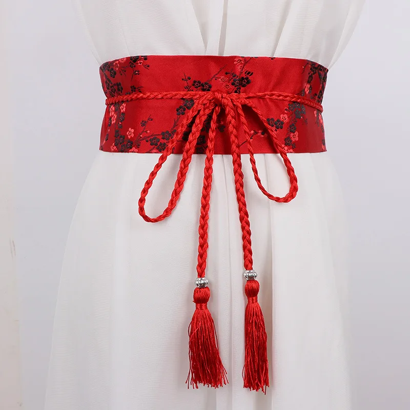 Vintage Floral Embroidered Waistband for Women Elegant Chinese Style Bow Tie Wrap Around Belt with Tassels for Dress Clothing