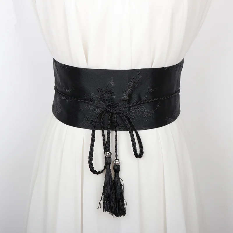 Vintage Floral Embroidered Waistband for Women Elegant Chinese Style Bow Tie Wrap Around Belt with Tassels for Dress Clothing