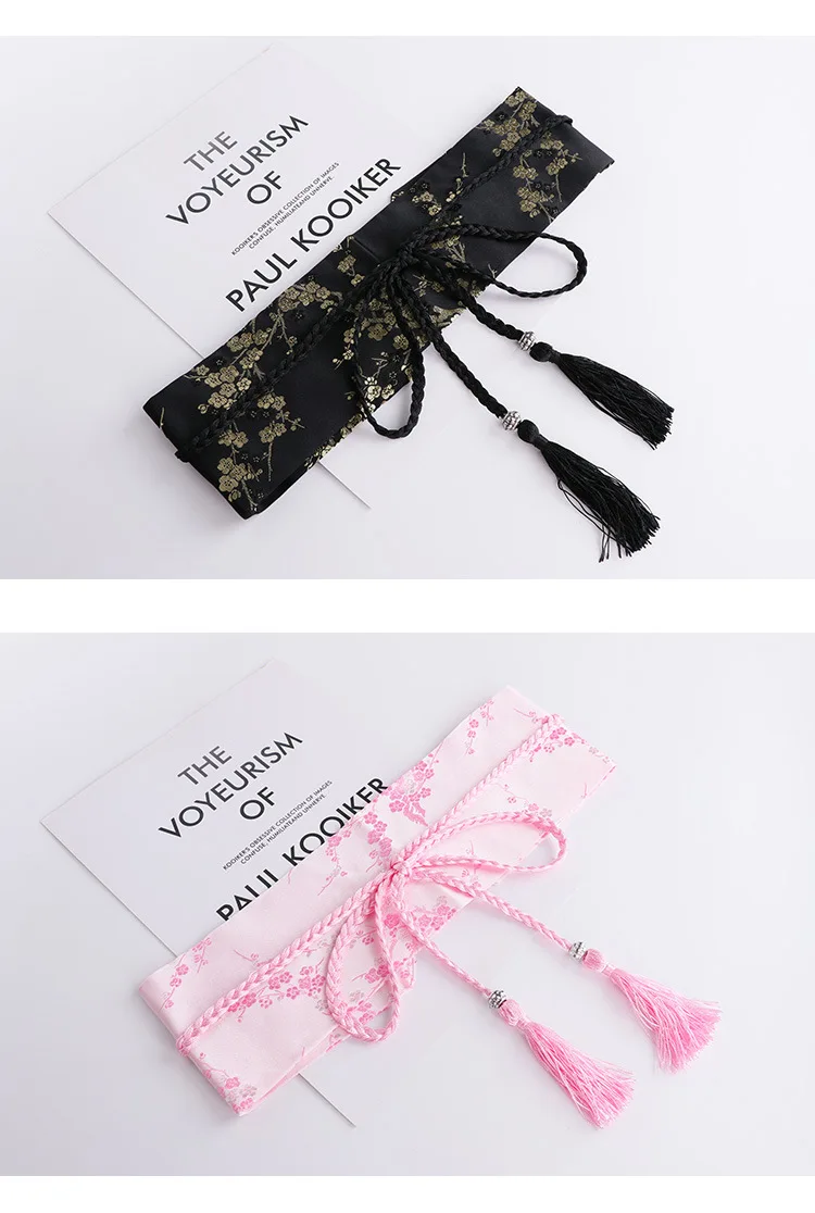Vintage Floral Embroidered Waistband for Women Elegant Chinese Style Bow Tie Wrap Around Belt with Tassels for Dress Clothing