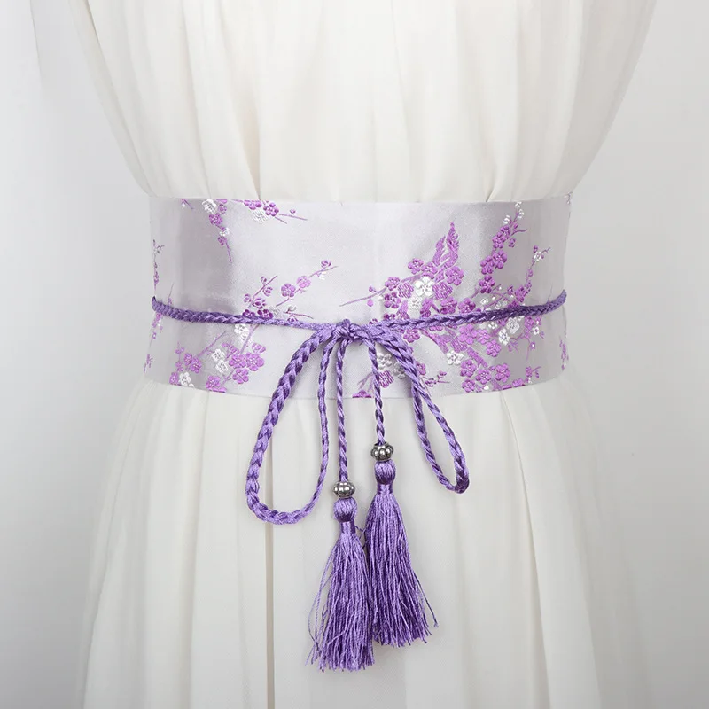 Vintage Floral Embroidered Waistband for Women Elegant Chinese Style Bow Tie Wrap Around Belt with Tassels for Dress Clothing
