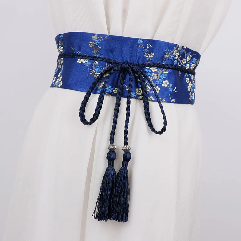 Vintage Floral Embroidered Waistband for Women Elegant Chinese Style Bow Tie Wrap Around Belt with Tassels for Dress Clothing