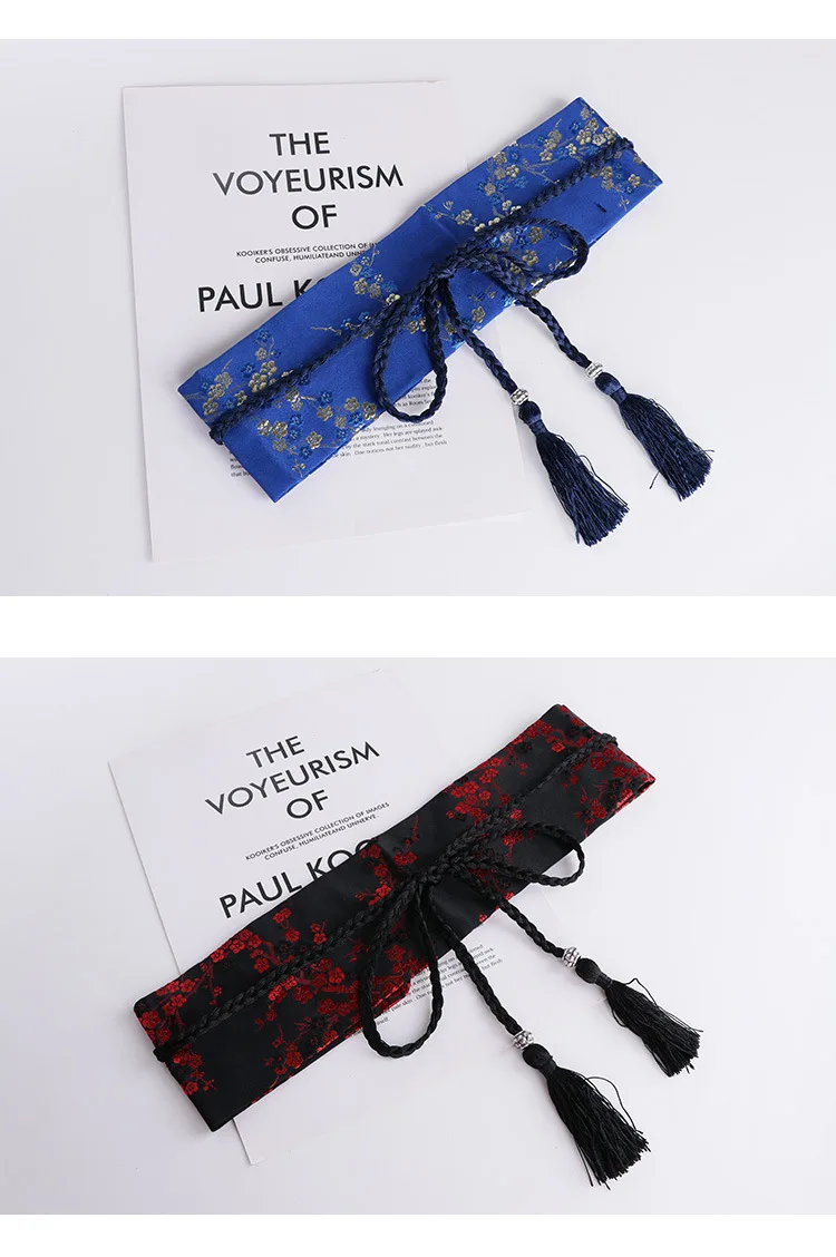 Vintage Floral Embroidered Waistband for Women Elegant Chinese Style Bow Tie Wrap Around Belt with Tassels for Dress Clothing