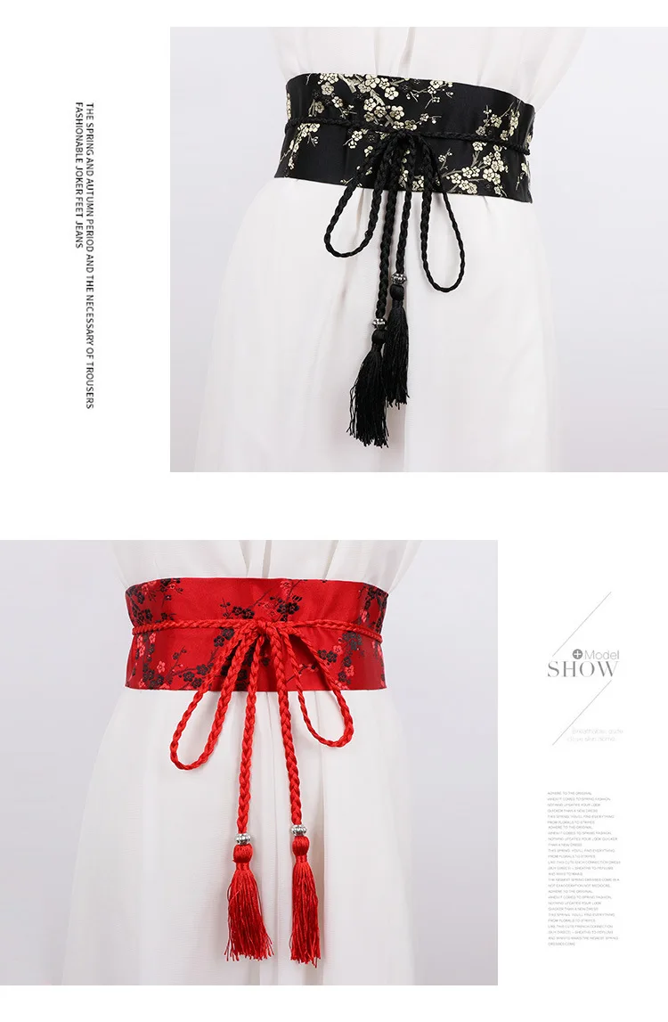 Vintage Floral Embroidered Waistband for Women Elegant Chinese Style Bow Tie Wrap Around Belt with Tassels for Dress Clothing