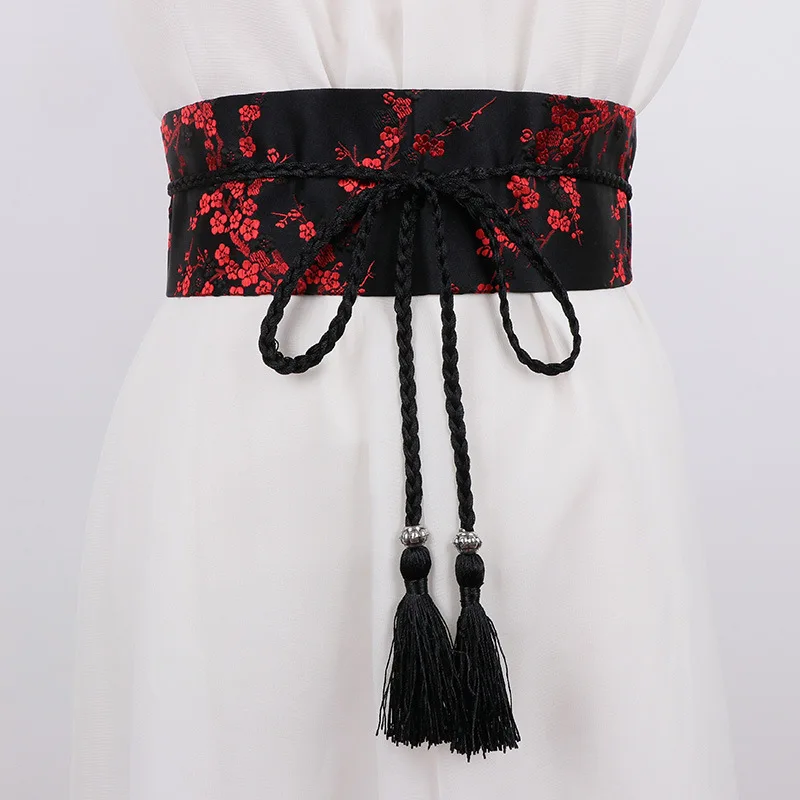 Vintage Floral Embroidered Waistband for Women Elegant Chinese Style Bow Tie Wrap Around Belt with Tassels for Dress Clothing