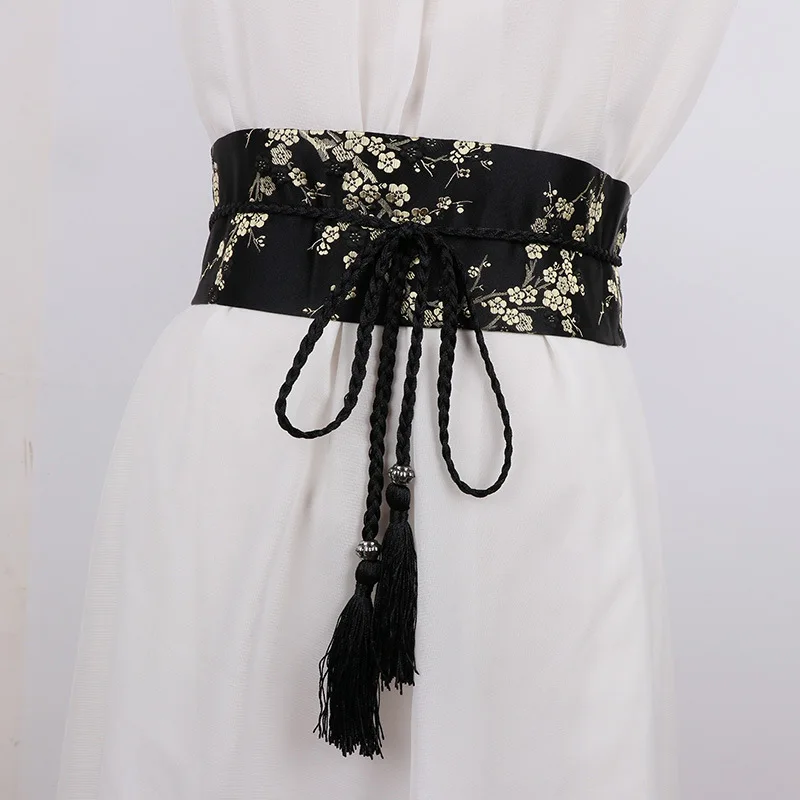 Vintage Floral Embroidered Waistband for Women Elegant Chinese Style Bow Tie Wrap Around Belt with Tassels for Dress Clothing