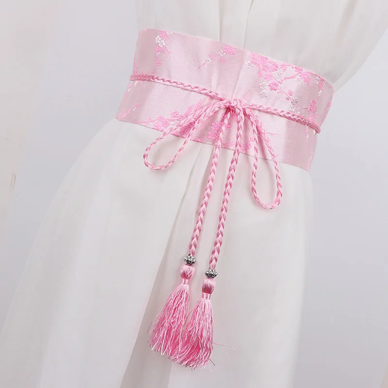 Vintage Floral Embroidered Waistband for Women Elegant Chinese Style Bow Tie Wrap Around Belt with Tassels for Dress Clothing
