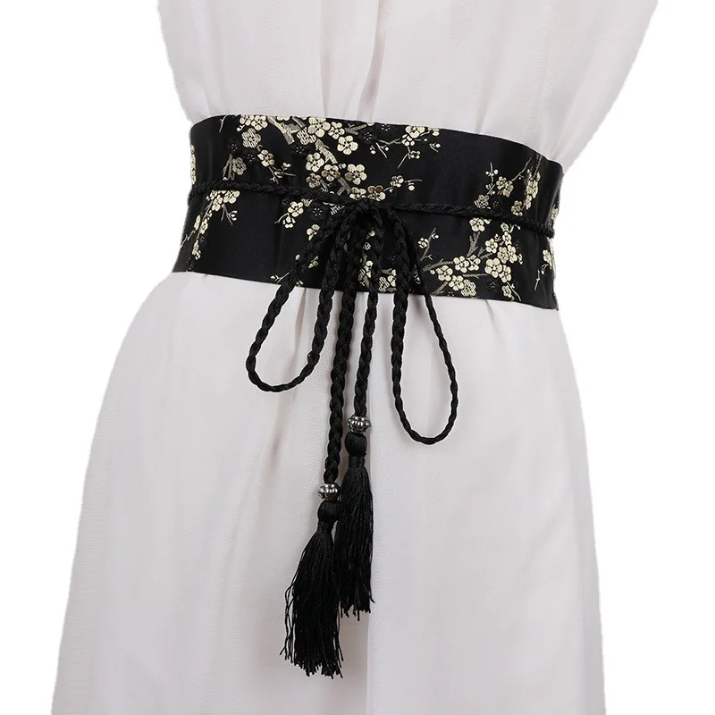 Vintage Floral Embroidered Waistband for Women Elegant Chinese Style Bow Tie Wrap Around Belt with Tassels for Dress Clothing