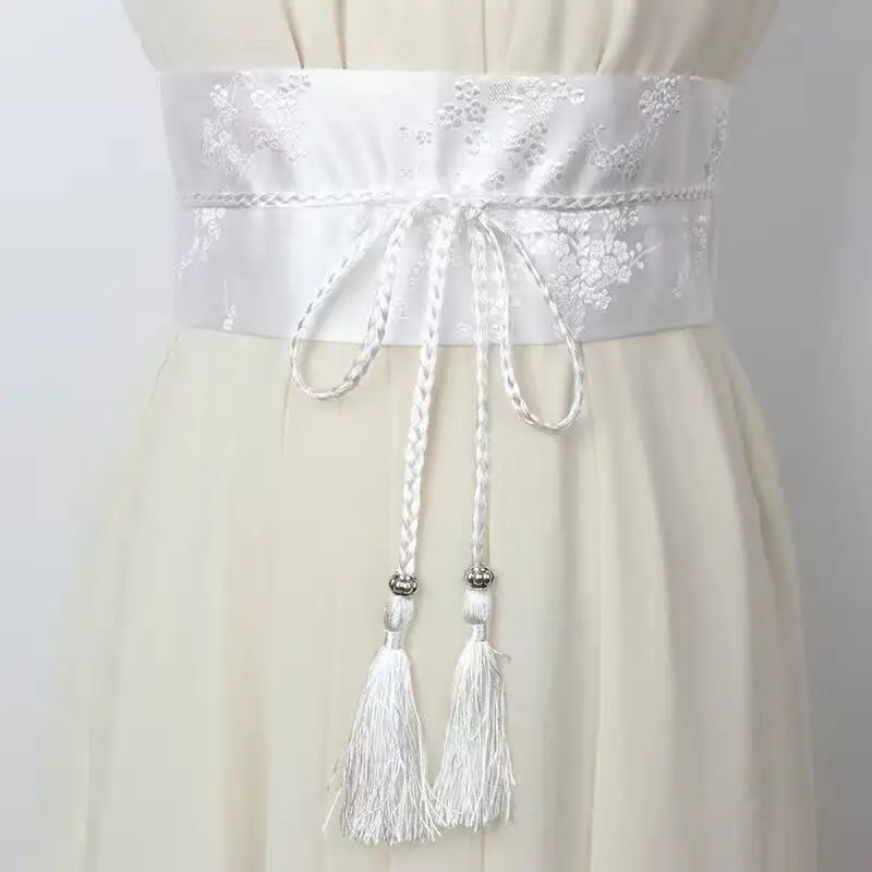 Vintage Floral Embroidered Waistband for Women Elegant Chinese Style Bow Tie Wrap Around Belt with Tassels for Dress Clothing