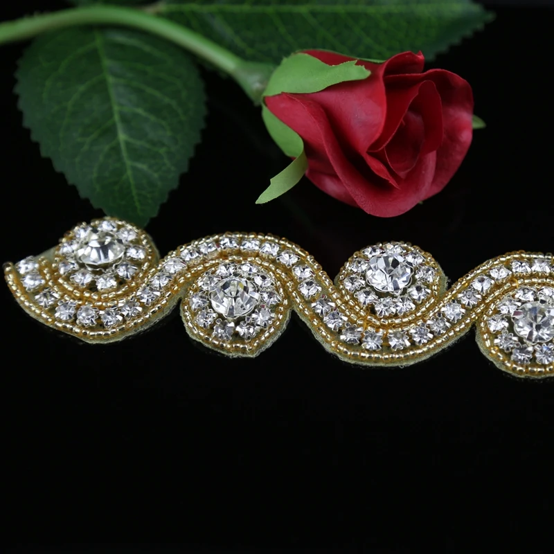 JLZXSY 1 Yard Gold Silver Rose Gold Rhinestone Applique Trim Iron on Hot Fix Crystal Embellishment Beaded Applique Accessories