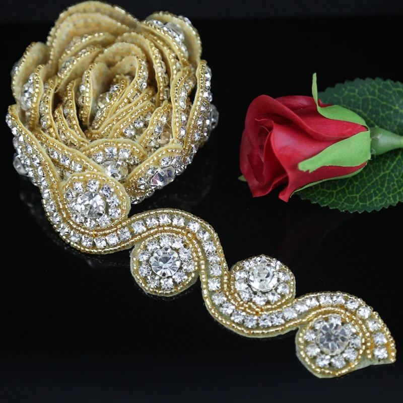 JLZXSY 1 Yard Gold Silver Rose Gold Rhinestone Applique Trim Iron on Hot Fix Crystal Embellishment Beaded Applique Accessories