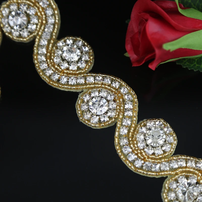 JLZXSY 1 Yard Gold Silver Rose Gold Rhinestone Applique Trim Iron on Hot Fix Crystal Embellishment Beaded Applique Accessories