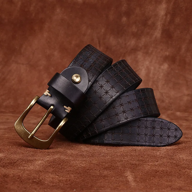 3.8CM High Quality Pure Cowhide Genuine Leather Men's Brass Buckle 5.5mm Thick Belts Retro Jeans Waistband Male Belts for Men
