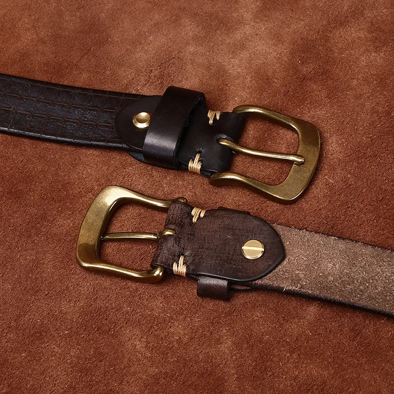 3.8CM High Quality Pure Cowhide Genuine Leather Men's Brass Buckle 5.5mm Thick Belts Retro Jeans Waistband Male Belts for Men