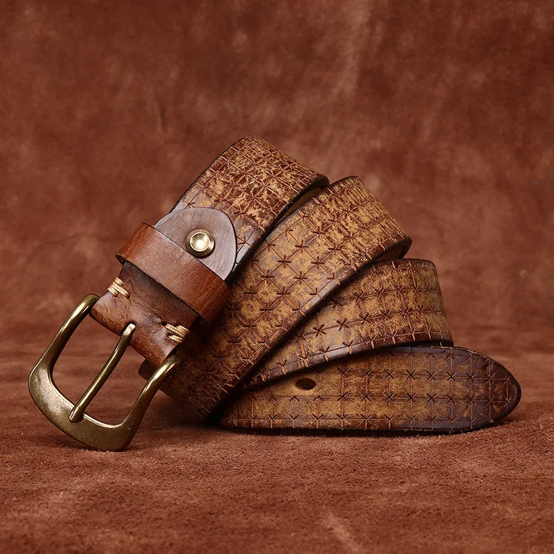3.8CM High Quality Pure Cowhide Genuine Leather Men's Brass Buckle 5.5mm Thick Belts Retro Jeans Waistband Male Belts for Men