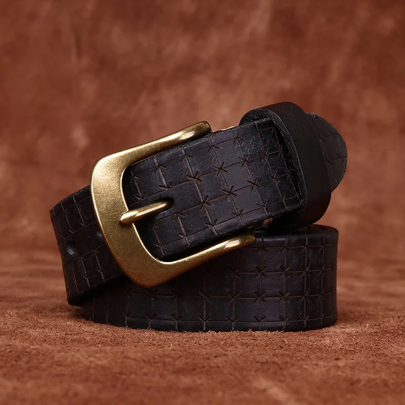 3.8CM High Quality Pure Cowhide Genuine Leather Men's Brass Buckle 5.5mm Thick Belts Retro Jeans Waistband Male Belts for Men