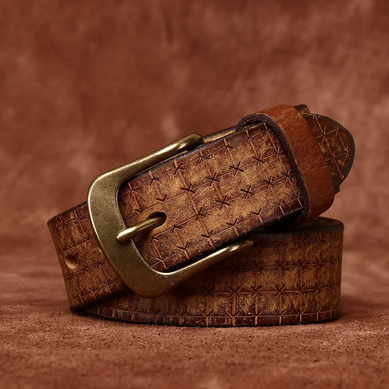 3.8CM High Quality Pure Cowhide Genuine Leather Men's Brass Buckle 5.5mm Thick Belts Retro Jeans Waistband Male Belts for Men