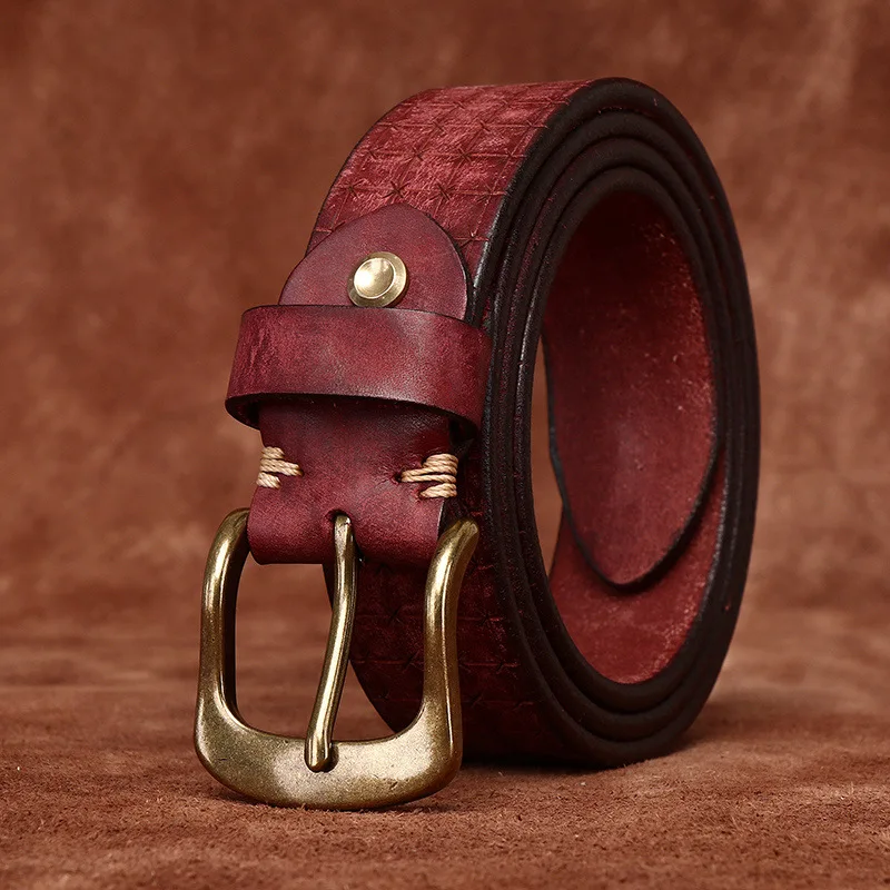 3.8CM High Quality Pure Cowhide Genuine Leather Men's Brass Buckle 5.5mm Thick Belts Retro Jeans Waistband Male Belts for Men