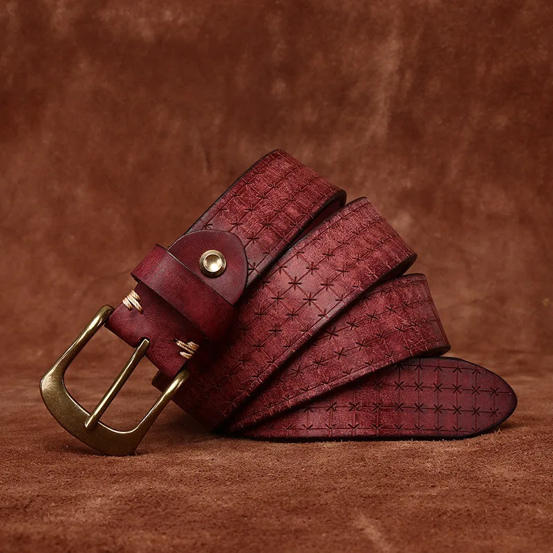 3.8CM High Quality Pure Cowhide Genuine Leather Men's Brass Buckle 5.5mm Thick Belts Retro Jeans Waistband Male Belts for Men