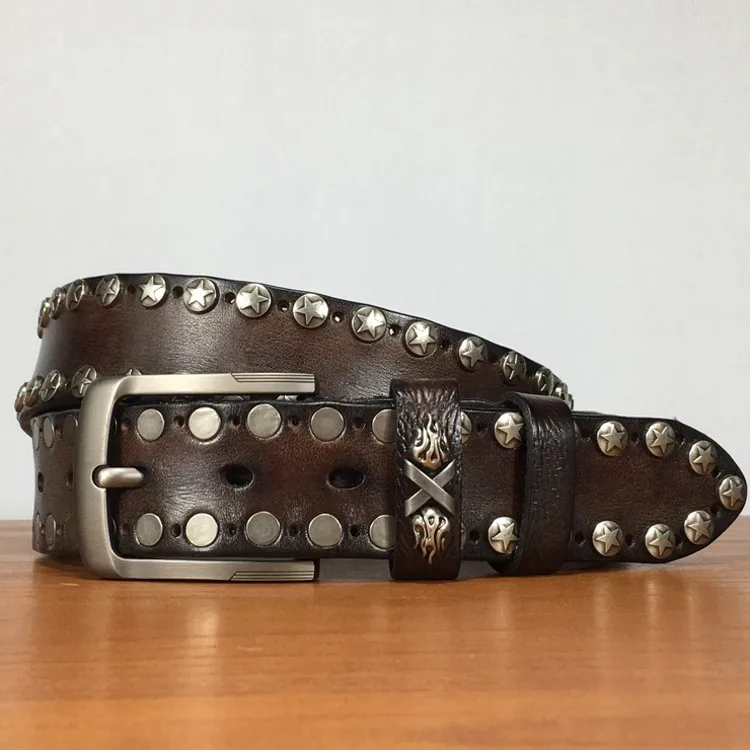 Handmade Punk Style Rivets Genuine Leather Belt Cowhide Strap For Pants Moto Biker Studded Belts Pin Buckle Waistband